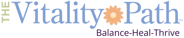 Logo for The Vitality Path with the words "Balance-Heal-Thrive" and a flower symbol used for the dot of the letter "i".