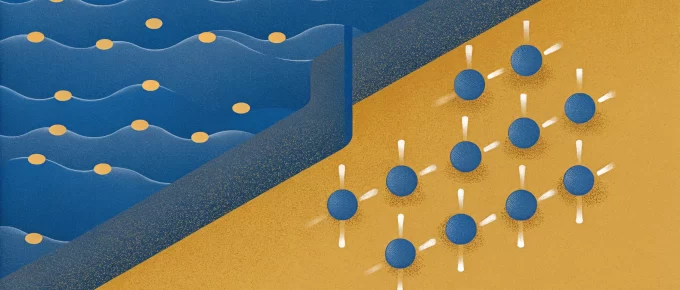 An abstract illustration with an EZ Water-inspired blue and mustard scheme showcases blue waves sprinkled with yellow dots on the left and a grid of blue circles connected by gray lines on the right, elegantly divided by a diagonal line.
